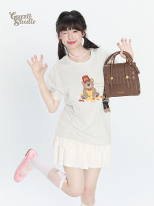 Áo Thun Tay Ngắn Guozii2025 Dành Cho Nữ Màu Xám Hoa Hình Gấu Bò Phong Cách Mới Mùa Hè Thường Ngày Cotton 100% in Họa Tiết Hoạt Hình