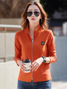 Orange Sweatshirt Womens Spring and Autumn Long Sleeve T-Shirt Pure Cotton Stand Collar Zipper Cardigan Womens Clothes Sports Casual Top T-shirt