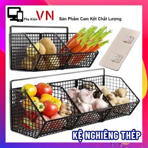 Kệ Lưới Dán Tường Dáng Nghiêng 2 Ngăn 3 Ngăn - Kệ Để Gia Vị Nhà Bếp Để Đồ Nhà Tắm Giá Đựng Hành Tỏi Đa Năng Chia Ngăn Bằng Thép Không Gỉ Cao Cấp Tặng Kèm Miếng Dán Tường Không Cần Khoan.