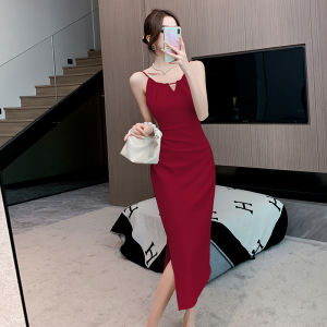 South Korea Chic Summer French Style Retro Elegant Cut Out Silm Slim Looking Sheath Split Backless Sling Dress Women
