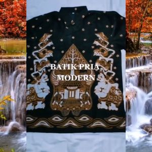 Baju Batik Pria Lengan Pendek Full Furing Motif Wayang Tumpuk Hitam