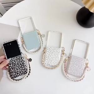 Laser White Leopard Print Leather Phone Case For Samsung Galaxy Z Flip 8 7 6 5 Pearl Chain Wrist Strap Hinge Protection Cover