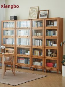 XIANGMUYU | Cherry Wood Look Glass Door Bookshelf and Display Cabinet
