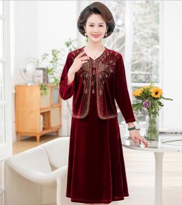 Plus Size Ladies Ladieswear Autumn and Winter Two-Piece Suit Middle-Aged and Elderly Gold Velvet plus Size Cheongsam Dress Middle-Aged Women Fashionable Jacket