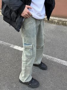 กางเกงยีนส์ทรงตรงทรงหลวมสำหรับผู้ชาย ทรงวินเทจสไตล์อเมริกัน กางเกงขายาวทรงสลิมฟิตหลายกระเป๋า แฟชั่นสตรีท
