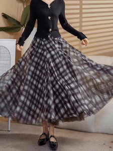 Fashionable Plaid Print Halter Neck Mini Dress Womens Autumn Slim A-Line Long Skirt Two-Sided Wear High Waist Polyester Fiber