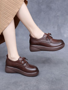 Leather Thick Bottom Single Shoes Womens New Style Spring Autumn Comfortable Slope Heel Platform Casual Leather Shoes