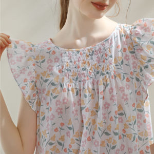 XEXZ | Combed Cotton Floral Print Sweet Sleep Dress Womens Summer New Style Nightgown Round Neck Sleeveless Midi Dress Youth Online Exclusive
