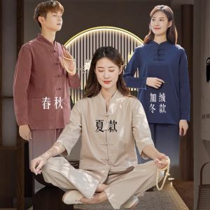 Trang Phục Làm Việc Trung Y Dưỡng Sinh Trung Quốc Trang Phục Cotton Lanh Phong Cách Trung Hoa Trang Phục Nữ Mùa Hè Cổ Chữ V Một Nút