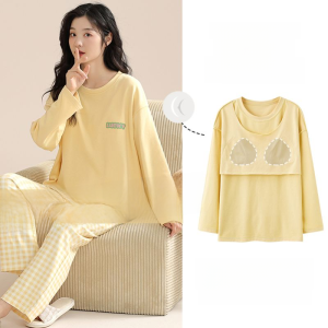 ชุดนอนแอนิเมชั่นการ์ตูนผ้าฝ้ายแท้พร้อมแผ่นรองหน้าอกคอกลมแขนยาวสําหรับผู้หญิงเหมาะสําหรับทุกฤดูกาล