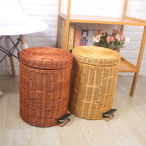 Rattan round Trash Can Creative Minimalist Nordic Style with Lid Pedal Hotel Living Room Bedroom Wastebasket For Home