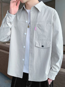Light Grey Casual Shirt for Men Long Sleeve Loose Fit Spring Autumn Trendy Brand Workwear Jacket Youth Popular Polyester Fiber