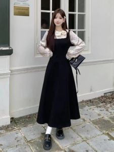 Váy Đen Kẻ Sọc Kiểu Pháp Cổ Điển Thời Trang Mùa Thu Đông Mới Màu Tương Phản Váy Hai Mảnh Giả Thanh Lịch Chữ a Dài Tay Cổ Bẻ