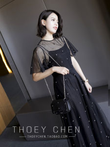 Elegant Street Style Womens Dress Midi Skirt Short Sleeve round Neck High Waist Mesh Gown Casual Summer Black Princess Skirt