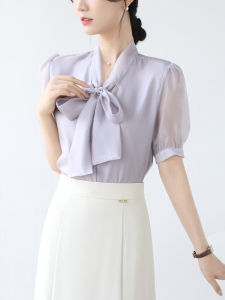 Elegant Pearl Butterfly Knot Short Sleeve Shirt Womens Vintage Ribbon Professional Commuting Top Summer New Arrival