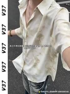 V37 | Guochao Ink Washed Short Sleeve Shirt Light and Breathable