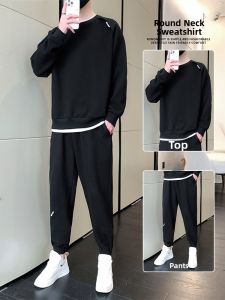 ROMON | Romon Mens Casual Sports Set Spring Autumn New Round Neck Sweatshirt Youth No Match Running Outdoor Two Piece Set Polyester Fiber