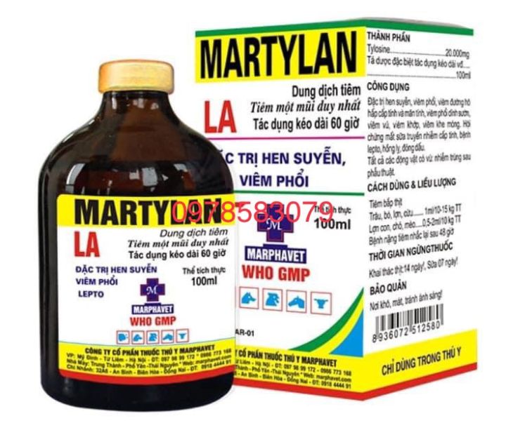 MarTylan LA (20ml-100ml) Hen suyễn, viêm phổi, lép tô, hồng lỵ dùng trong Thú Y