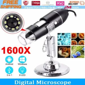 Digital Zoom Microscope USB Handheld & Desktop Magnifier 0.3MP Camera 8-LED Light Magnifying Glass 1600X Magnification