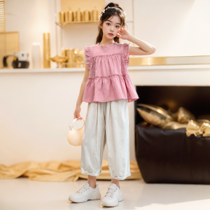 Girl Fashionable Summer Clothing 2024 New Fashionable Childrens Peter Pan Collar Short Sleeve Tops High Waist Shorts Korean Set