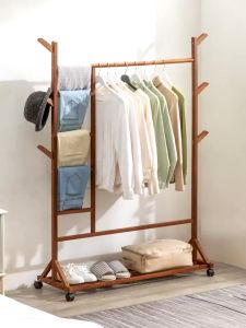 [OKLIFE.SG]Stand Clothes Rack Movable Drying Rack with Wheels Bamboo Clothes
