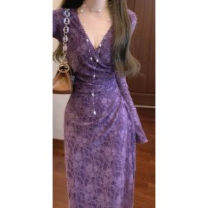 CHANGTONG | Elegant Purple V-Neck Slim Fit Pencil Dress