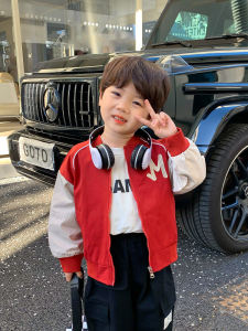 เสื้อแจ็คเก็ตเบสบอลฤดูใบไม้ผลิสำหรับเด็กชาย สีแดง ทรงบาง เสื้อผ้าเด็กชาย แฟชั่น เสื้อผ้าเด็กชาย ฤดูใบไม้ผลิและฤดูใบไม้ร่วง