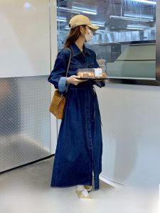 แขนยาวย้อนยุค เดนิม เดรส ผู้หญิง ฤดูใบไม้ผลิ ฤดูใบไม้ร่วง ใหม่ สไตล์เกาหลี หลวม สลิมเหนือเข่ายาว เดนิม กระโปรง ทรงเอ Silhouette