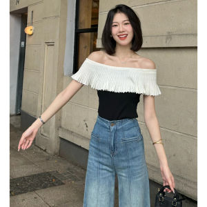 YUEZHONGWEI | French Sweet One-Shoulder Ruffle Ice Silk Knitted Short-Sleeve Womens T-shirt Summer Slim Fit Design Sense Shoulder Exposure Top