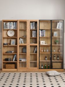 Nordic Style Solid Wood Tempered Glass Door Bookcase Combination Cabinet Display Case Metal Door Popular Bookshelf