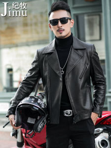 Stylish Genuine Leather Jacket Mens Sheepskin Biker Coat Trendy Outerwear Spring Season Short Length Zipper Closure