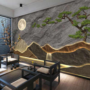 New Chinese Style Tea Room Wallpaper 9D Stereo Fake Mountain Background Wall Painting Living Room Pine Tree Wall Cloth Hotel Lobby Wallpaper