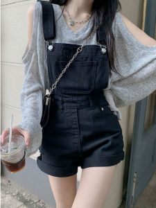 Summer Womens Denim Shorts Set High Waist Vintage Hong Kong Style Retro Strapped Jeans Deep Color Short Length Multi Pocket Design