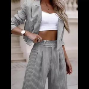 Spring Autumn Women Casual Striped Short Blazer Pant Sets Elegant Long Sleeved 2 Piece Sets Womens Outfits Chic Womens Clothing