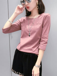 White Pure Cotton Loose Womens T-shirt Short Sleeve Seven-Quarter Length round Neck Simple Style Commute Classic Pattern