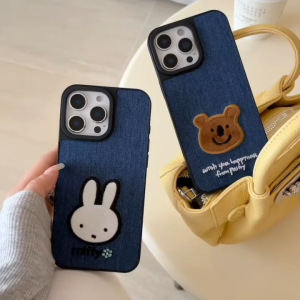 Cartoon Miffy Rabbit Little Bear Cowboy Embroidery Phone Case for iPhone 11 12 13 14 15 16 Pro Max Plus casing Anti fall hard cover for iPhone16 case