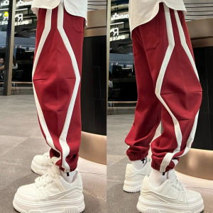 กางเกงวอร์มทรงหลวมสไตล์ลำลองสำหรับผู้ชาย ทรงสปอร์ต ลายทาง เอวยางยืด ผ้าฝ้ายผสมโพลีเอสเตอร์ กางเกงขายาว