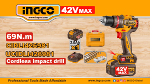INGCO สว่านกระแทกไร้สาย69nm กำลังสูง 42V พร้อมอุปกรณ์เสริมครบชุด รุ่น CIDLI426981 สำหรับมืออาชีพและผู้ที่ต้องการประสิทธิภาพสูงสุดในงานช่าง ทั้งงานเจาะ ขัน และงานติดตั้งต่างๆ