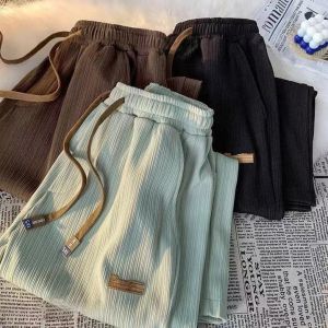 Summer Ice Silk Wide Leg Pants Men Loose Drapey Trendy Brand Casual Straight Elastic Long Beach Thin Style Youth Popular