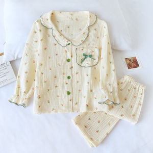 Fresh Floral Cotton Pajamas for Girls Lightweight Breathable Pure Cotton Gauze Bubble Cotton Spring Summer Autumn Childrens Sleepwear
