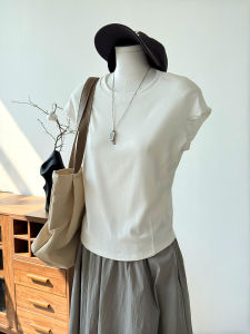 White Fly Sleeve T-Shirt Women Summer New Slim Fit Short Cotton Top Elastic Waistband round Neck Cool Feeling Regular Thickness