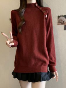 เสื้อสเวตเตอร์คอตั้งสีแดงสำหรับผู้หญิง แขนยาว ทรงหลวม ดีไซน์เก๋ไก๋ เสื้อชั้นใน แฟชั่นฤดูใบไม้ผลิและฤดูใบไม้ร่วง
