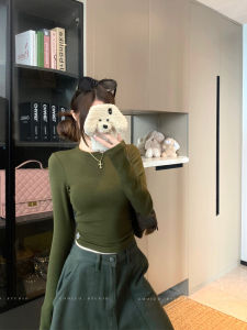 Retro Shoulder Length Sleeve T-Shirt Womens 2025 Autumn New Design Slimming Short Style High Waist Base Top Casual Fit