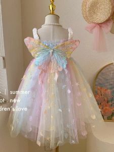 Girls Rainbow Princess Dress Baby Dream Fairy Butterfly Summer Clothes Childrens Dress Cotton Blend Fabric Midi Skirt