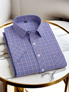 Summer New Mens Shirt Short Sleeve Pure Cotton Plaid Casual Daily Middle-aged Thin Half Sleeve Square Collar Shirt Large Size