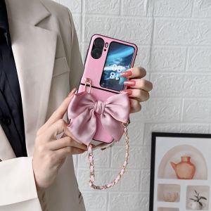 For Oppo Find N2 Flip N3 Flip Case Wristband CaseKorean inclined Luxury Floral Flower Silk Bowknot Leather Phone Cases with Lanyard Chain Flip Protector Portable Case Women Girls