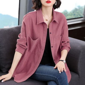 เสื้อคาร์ดิแกนทรงหลวมยาวปานกลางสำหรับผู้หญิงในฤดูใบไม้ร่วงและฤดูใบไม้ผลิ เสื้อเชิ้ตสีพื้นแบบสวมหัวสไตล์เกาหลีสำหรับคุณแม่วัยกลางคน