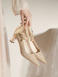 Elegant Chinese Style High Heels with Pearl Detailing Womens Pointed Toe Shoes for Cheongsam Princess 18th Birthday Ceremony