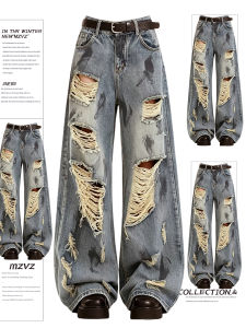 MZVZ | Quần Jeans Nữ Vintage American Waste Style Ripped Chân Dài Phẳng