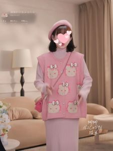 Spring Autumn Sleeveless Knitted Cardigan Sweater Loose Bottom Cartoon Design Base Layer Top New Arrival 2024 Thickened round Neck